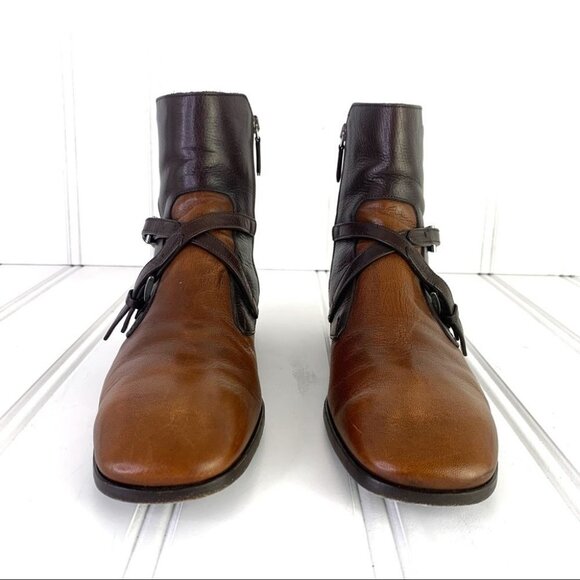 PRADA SAFFIANO BROWN SHOE  2 TONE POLISH LEATHER ANKLE BOOTS BLOCK STRAPPY MEN 6 - Picture 5 of 17